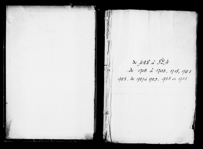 Cinquième volume. matricule 428 à 824 (396 pages), 1703 à 1705 (3 pages), 1718 (1 page), 1721 à 1729 (2 pages), 1727 à 1729 (3 pages), 1734 à 1741 (2 pages).