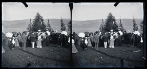 Foule devant un monument pavoisée au pied d'un sapin.