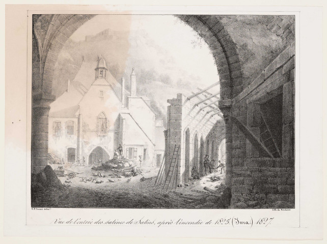 Vue de l'entrée des salines de Salins après l'incendie de 1825 (dont maison du pardessus)