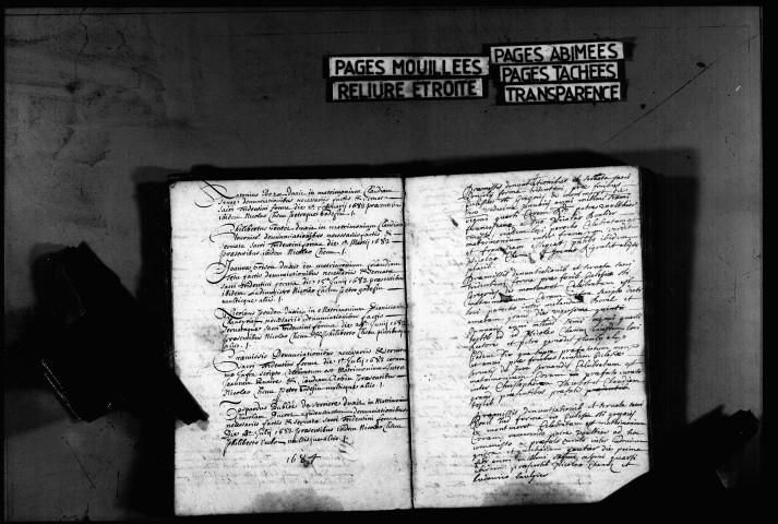 Série communale : sépultures 1682-1687, baptêmes, mariages, sépultures 1705-1712.