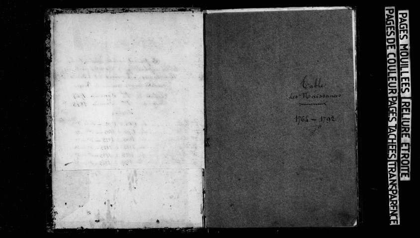 Série communale : baptêmes, mariages, sépultures 1764-1792. Naissances, mariages, décès 1793-1882.