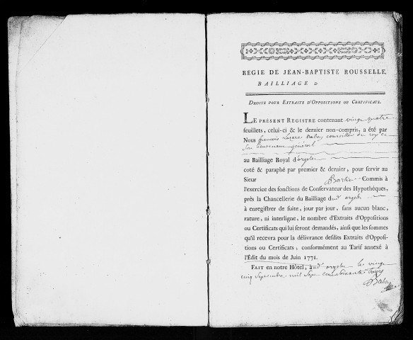 registre des droits pour extraits d'oppositions ou certificats (31 décembre 1774 - 29 janvier 1796)