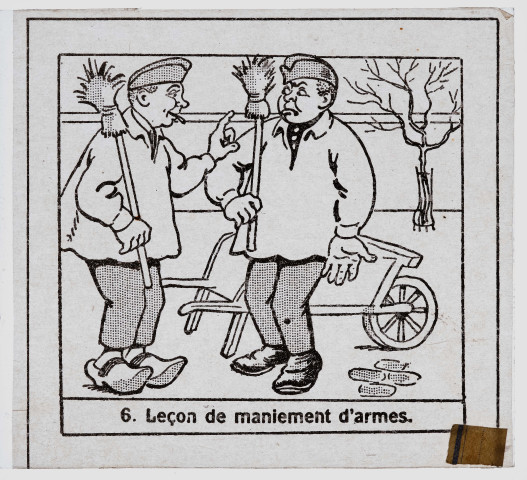 Reproduction d'une illustration de la saynète "Les tribulations d'un bleu", vue 6/12 : "Leçon de maniement d'armes".
