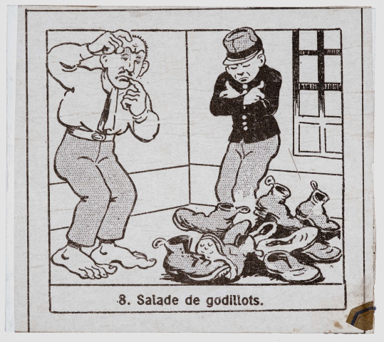 Reproduction d'une illustration de la saynète "Les tribulations d'un bleu", vue 8/12 : "Salade de godillots".
