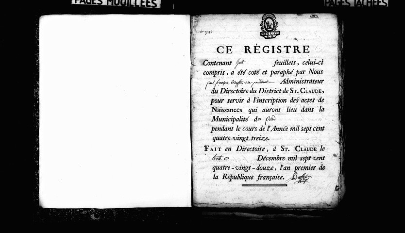 Naissances, décès 1793-1812 ; publications de mariage an XI-an XIII, 1807-1812 ; mariages 1793-an VI, an IX-1812.