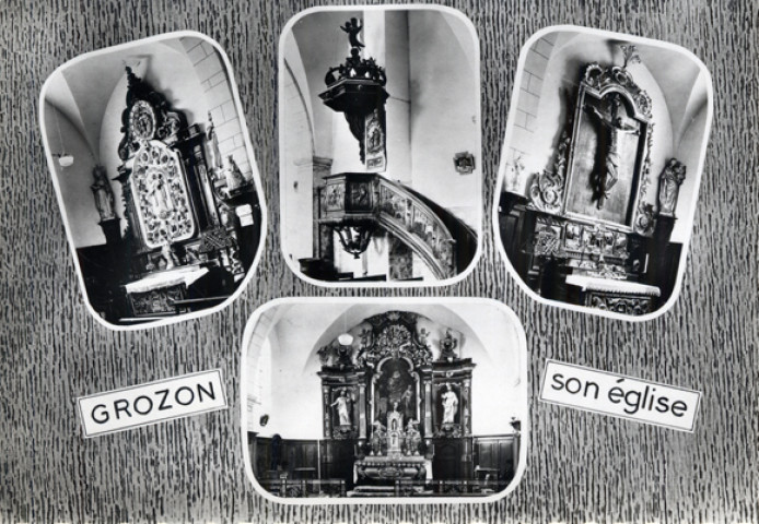 Grozon (Jura). Intérieur de l'église. Autels, chaire à prêcher. Dole, les éditions de l'Est. E. Protet.