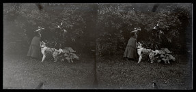 Femme jouant avec un chien dans un parc près de La Mure ou Le Bourg-d'Oisans.