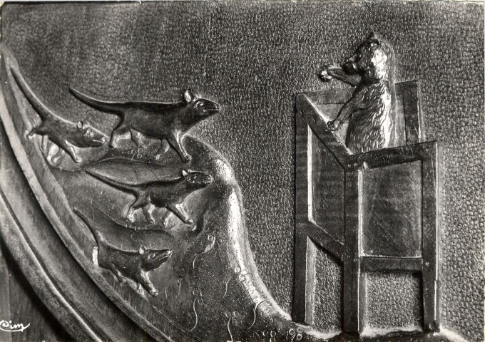 Saint-Claude (Jura). Les stalles de la cathédrale basilique de Saint-Claude. Le chat prêchant aux souris. Macon, Combier.