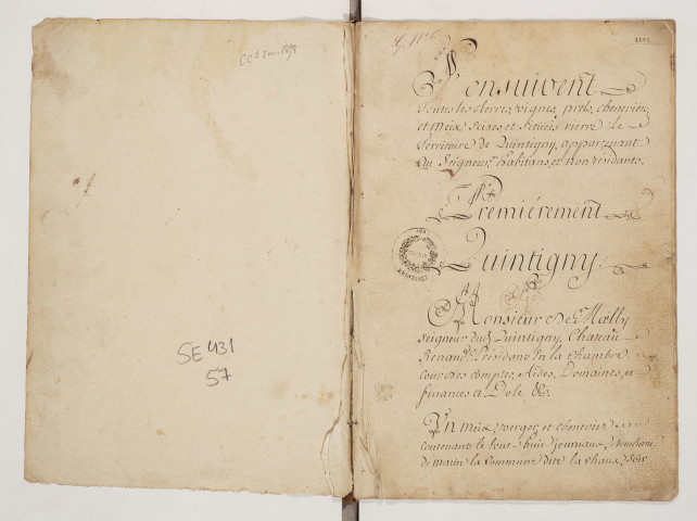 Quintigny.- Registre d'arpentement s. d., révisé en 1766.