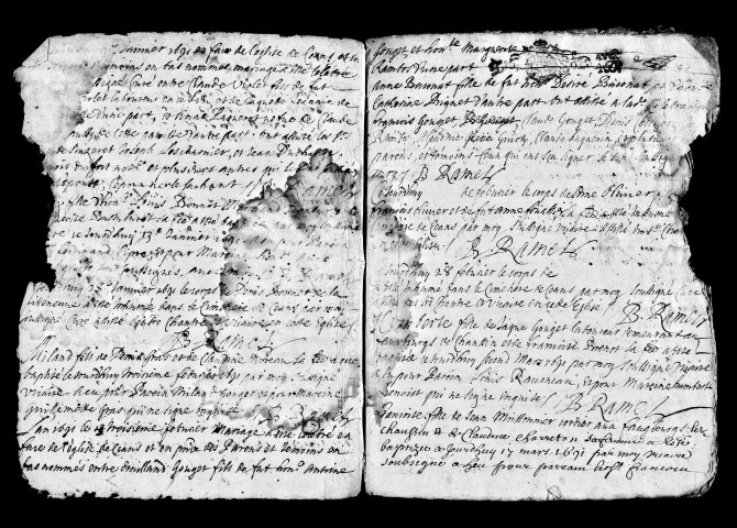 Baptêmes, mariages, sépultures 1691-1692, 1695, 1697-1699.