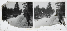 Exploitation de la forêt de la Joux par les soldats canadiens : militaires travaillant dans la forêt.