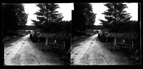 Entrée du village d'Ardon, une femme près d'une charrette et de grumes de bois sur une route passant sous un pont de chemin de fer.