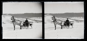 Paysage de neige, un homme dans un traîneau tiré par un cheval.