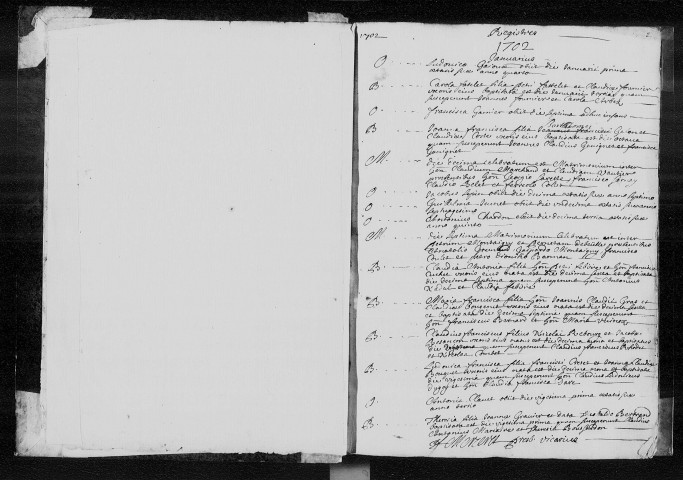 Série du greffe : baptêmes, mariages et sépultures, 1er janvier 1702 - 29 décembre 1727 (liste récapitulative en latin).