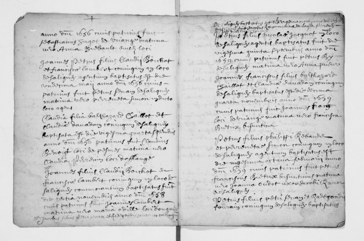 Série communale : baptêmes 28 septembre 1653 - 10 octobre 1694, baptêmes, mariages, sépultures 4 mars 1738 - 24 janvier 1743.