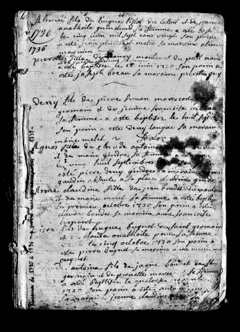 Baptêmes 5 juin 1720-8 septembre 1733, mariages, sépultures 24 avril 1731-1736.