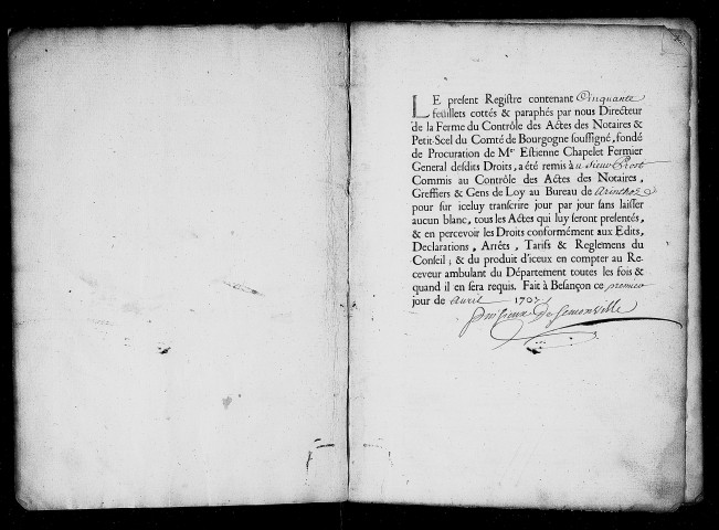 contrôle des actes des notaires et des actes sous seing privé(19 juin 1707 au 28 novembre 1708