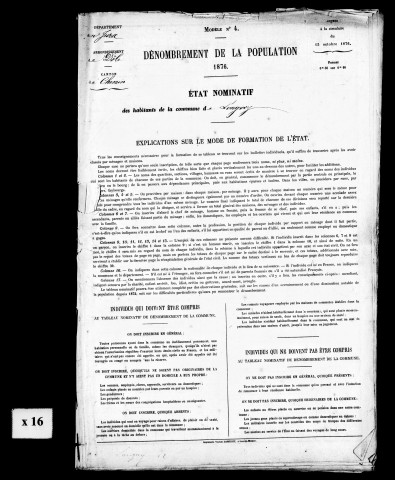 Résultats généraux, 1876-1891. Listes nominatives, 1876, 1881, 1886, 1891. Population classée par profession, 1891. Classement spécial des étrangers, 1896.