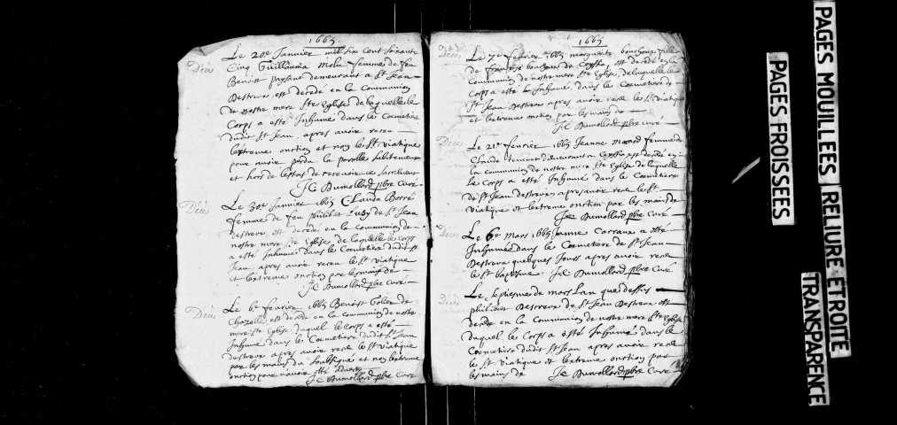 Série communale : sépultures, mariages, 1665-1669, 1673 ; baptêmes, mariages, sépultures, 1672-1679.