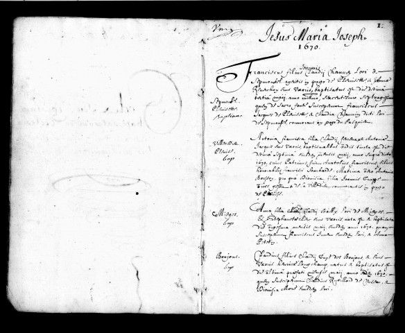 Baptêmes mai 1670-février 1685, mariages avril 1670-mai 1685 (manque folio 18), mariages 1682-1683 (folio 18) complétant le registre.