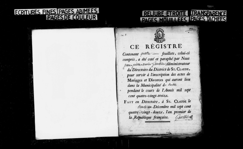 Mariages 1793-an V, an VII, an IX-1812 ; décès an III-1812.