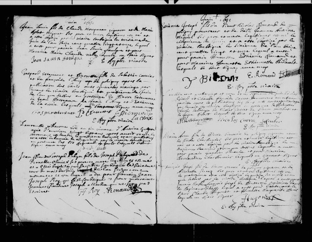 Série communale : baptêmes, mariages et sépultures, 2 juin 1691-7 août 1695.
