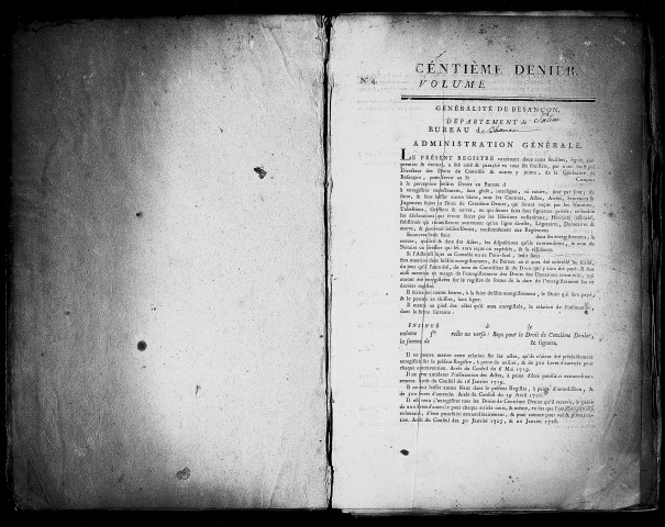 centième denier (3 juillet 1790 au 13 février 1791) puis enregistrement des déclarations des successions directes et collatérales et actes portant translation antérieurs au 1er février 1791 (14 février 1791 au 5 avril 1792)