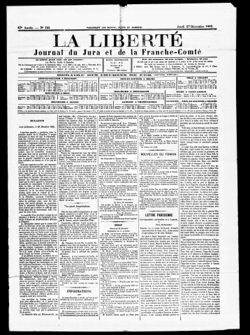 La Liberté du Jura et de la Franche-Comté. 2ème semestre 1883.
