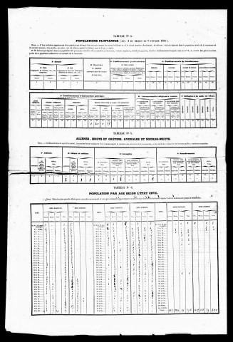 Résultats généraux, 1856-1866, 1881-1891. Listes nominatives, 1836, 1841, 1846, 1851, 1856, 1861, 1866, 1872, 1876, 1881, 1886, 1891. Population classée par profession, 1891. Classement spécial des étrangers, 1891, 1896.