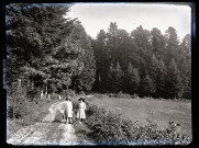 Deux petits filles sur un chemin menant à une forêt.