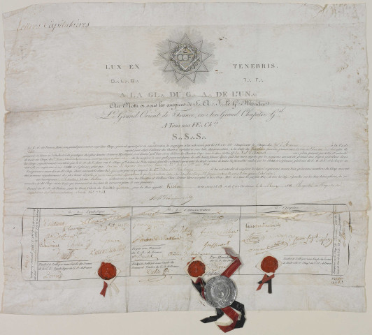 Chapitre du Val d'Amour de la Vallée de Dole.- Autorisation par le chapitre du Grand Orient de France à la loge de Dole à tenir un chapitre des sciences mystiques : lettres capitulaires, 4 mai 1818 (4e jour du mois appelé Kisleu l'an 5818) . Décision par le chapitre de sa mise en sommeil en application de la proposition de la loge de Saint-Germain d'abolir les grades supérieurs, 1848.