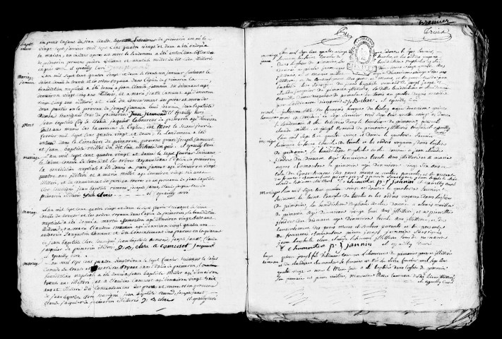 Naissances, mariages, décès 1792-an X ; naissances 1793-an V, an VII-an VIII ; publications de mariage an II-an VII ; naissances, publications de mariage an IX ; mariages an II, an IX ; naissances, mariages an VI ; décès 1793-an II, an VI-an IX ; mariages, décès an IV-an V.