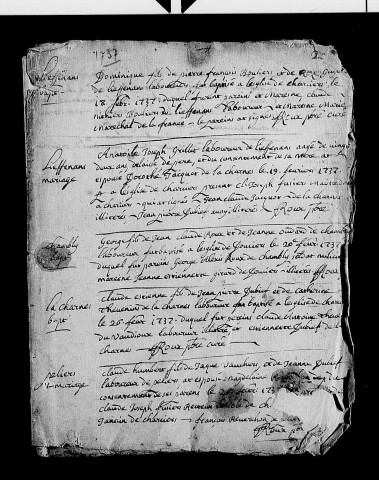 Série communale : baptêmes, mariages 18 février 1737 - 1er mars 1737, baptêmes, mariages, sépultures 4 janvier 1740 - 26 décembre 1742.