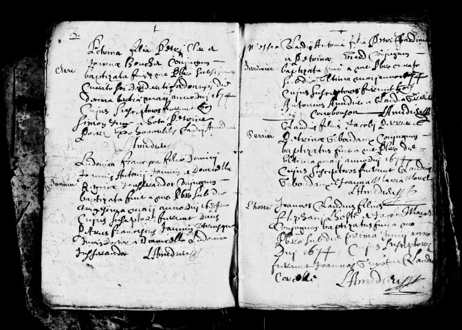 Série communale : baptêmes 10 avril 1674 - 7 avril 1676, 2 actes des 23 septembre et 20 octobre 1676, 6 janvier 1680 - 13 mai 1681. Table des baptêmes. Mariages 8 janvier 1675 - 17 février 1676.