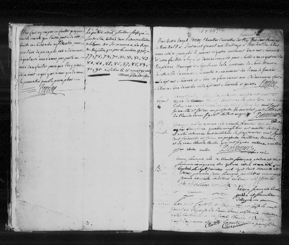 Série communale : baptêmes, mariages et sépultures, 5 janvier 1776 - 1er janvier 1792 et table alphabétique des baptêmes, 1776-1791.