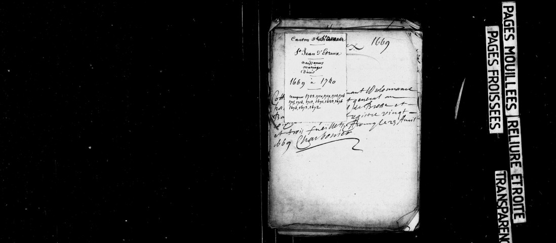 Baptêmes, mariages, sépultures 1669-1671, 1675, 1677-1682, 1684-1712, 1717, 1721-1722, 1724-1740.