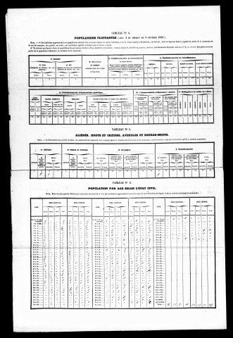 Résultats généraux, 1856-1891. Listes nominatives, 1846, 1851, 1856, 1861, 1866, 1872, 1876, 1881, 1886, 1891. Population classée par profession, 1891. Classement spécial des étrangers, 1891.