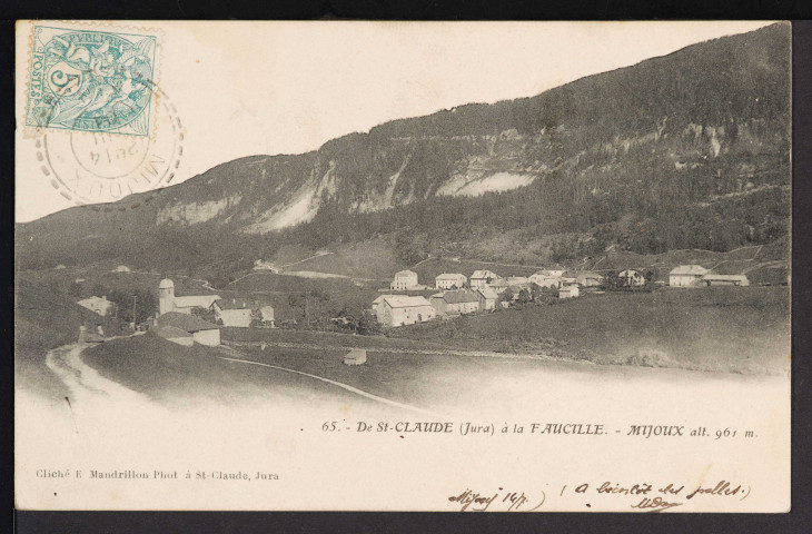 Mijoux : 65. – De St-Claude à la Faucille. – Mijoux alt. 961 m. (Cliché E. Mandrillon, Phot à St-Claude) (1904)