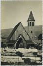 Lavancia-Epercy (Jura). Commune brûlée complètement le 12 juillet 1944. Vue d'ensemble de l'église entièrement construite en différentes essences de bois. Imprimerie Bourgeois, Chalon-sur-Saône.