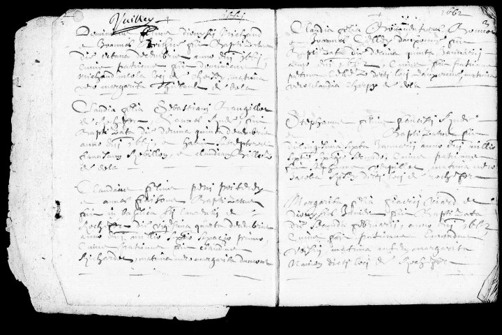Série communale : baptêmes 1661-1677, mariages février 1666-septembre 1676, sépultures 1666-1677.