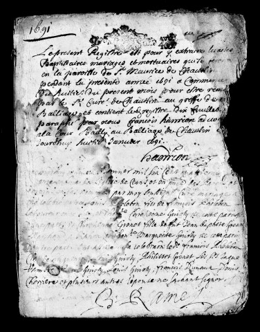 Baptêmes, mariages, sépultures 1691-1692, 1695, 1697-1699.