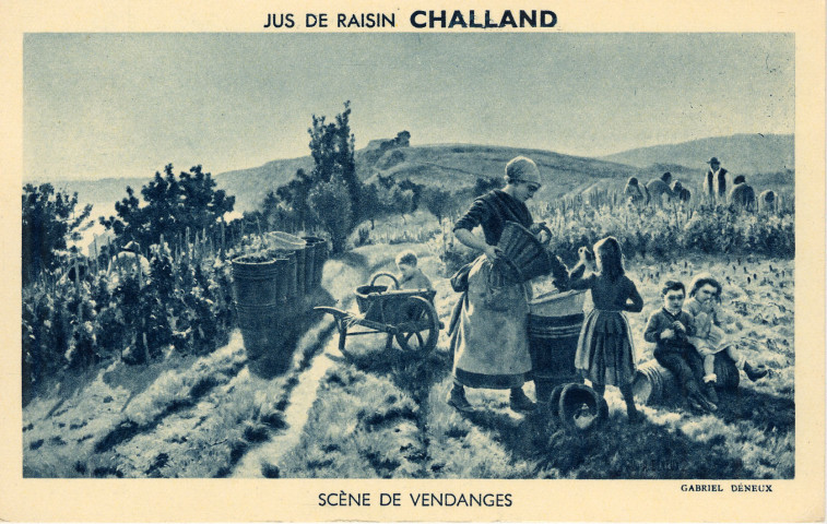 Scène de vendanges, jus de raisin CHALLAND (dessin). Lons-le-Saunier, Marcel Gourgoulin.