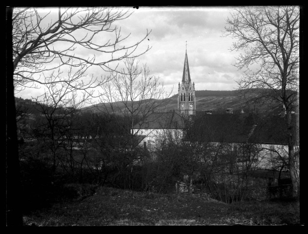 Quartier de l'église de Port-Lesney vu derrière la végétation.