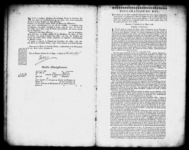 centième denier des donations et legs (octobre-novembre 1763) puis le même document est utilisé comme registre d'enregistrement des arrêtés et décisions du Conseil, ordres de la compagnie, du Directeur et autres employés supérieurs (1786-1788)