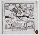 Reproduction d'une illustration de la saynète "Les tribulations d'un bleu", vue 5/12 : "Leçon de paquetage".