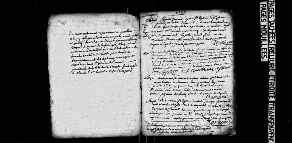 Baptêmes, mariages, sépultures 1745-17 septembre 1747, janvier-22 mai 1748.