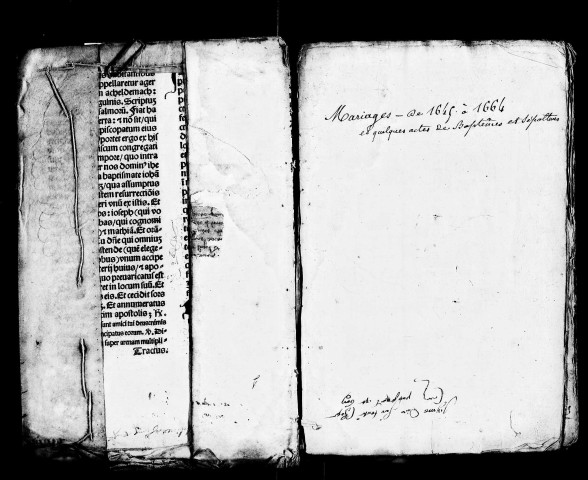Baptêmes juillet 1644-10 avril 1664, mariages (en fin tête bêche) 16 février 1645-20 février 1664.