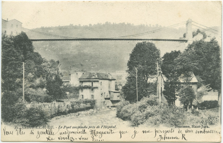 Saint-Claude. Le pont suspendu pris de l'hôpital. Tourisme, Haut-Jura.