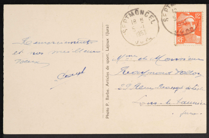 Lajoux (Jura). Alt. 1182 m – Sports d’hiver (Photo P. Barbe. Articles de sport. Lajoux (Jura)) (1953)