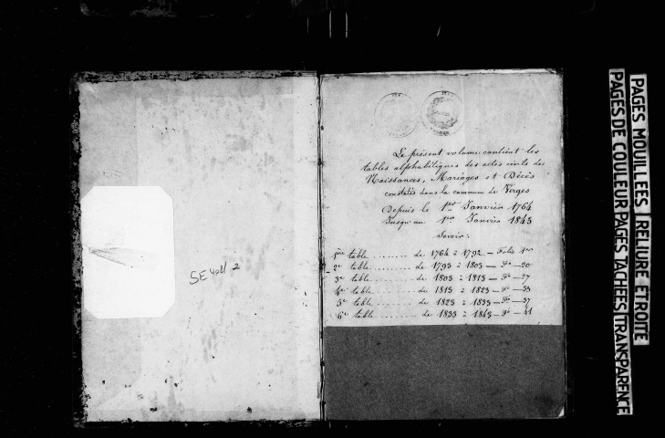 Série communale : baptêmes, mariages, sépultures 1764-1792. Naissances, mariages, décès 1793-1882.